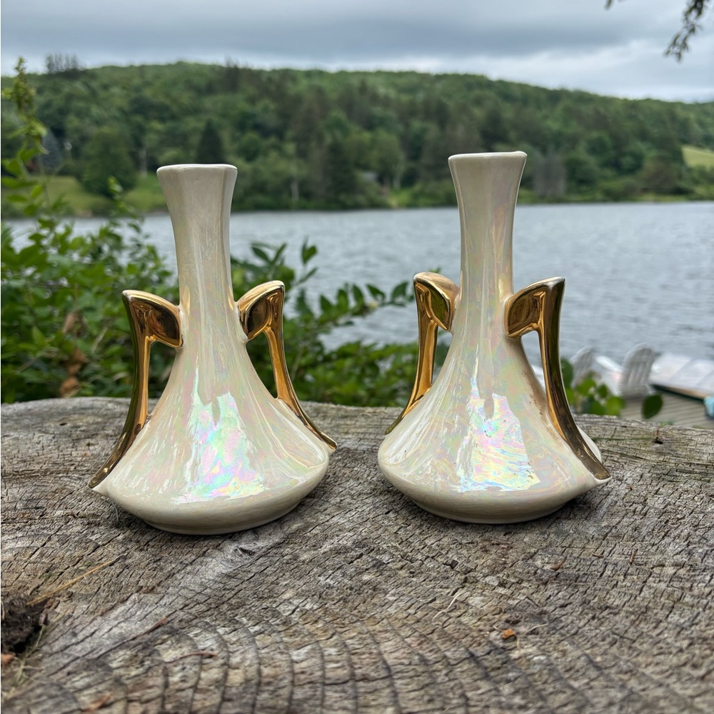 Pioneer Pottery Company 22 karat gold irredescent porcelain vases set of 2